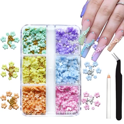 3D Flower Nail Art Charms with Pearls and Rhinestones for Acrylic Nails