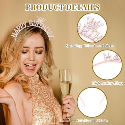 KICOSY Rose Gold Happy Birthday Rhinestone Tiara Headband Crown