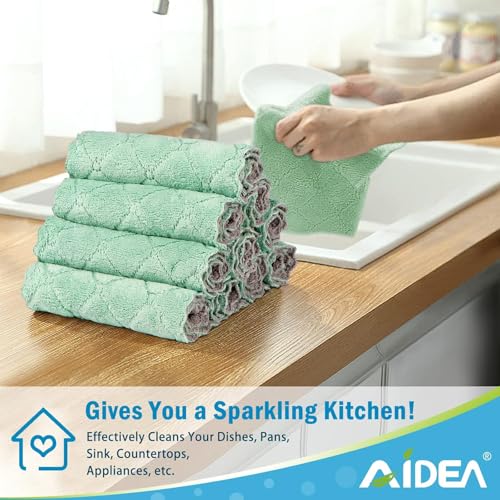 AIDEA Coral Fleece Kitchen Dishcloths, 6.3"x10.4", Green/Grey - 12 Pack