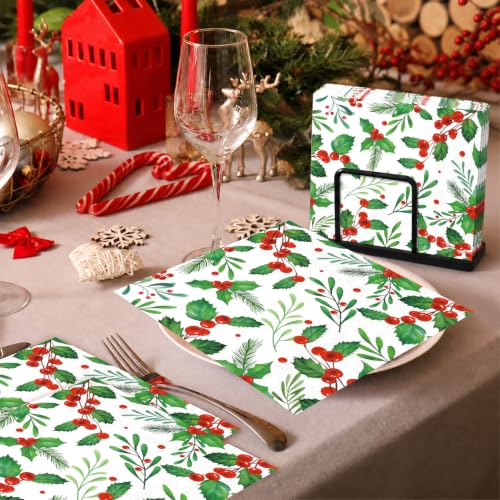 Christmas Holly Berry Paper Napkins - Red Green 50Pcs 6.5 x 6.5 Inch Holiday Tableware