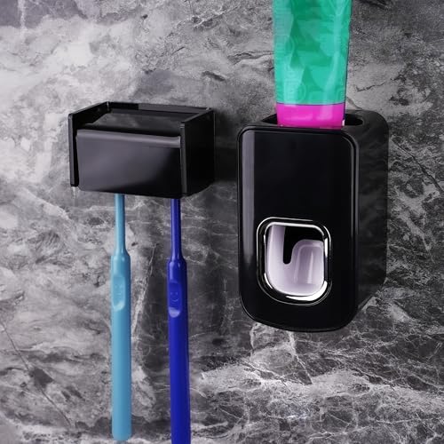 Black Acrylic Wall Mounted Toothbrush Holder & Toothpaste Dispenser - 2 Slots