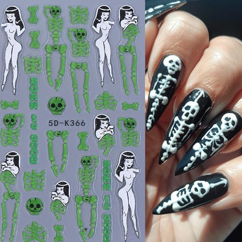 TailaiMei Glow in the Dark Halloween Nail Stickers Skeleton Bones Decals