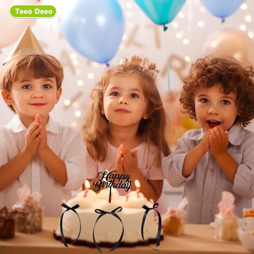 Elegant Black Ribbon Cake Toppers - 6 Pcs Happy Birthday Set