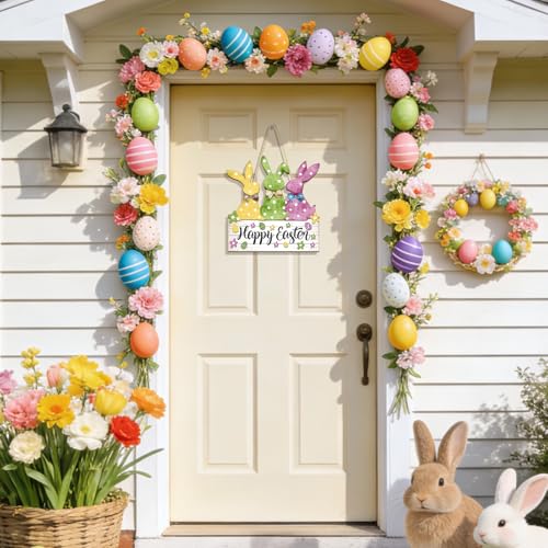 Wooden Easter Bunny Door Sign for Front Door Wall Hanging Decor 11.2x11.8