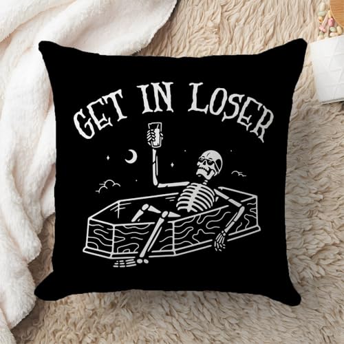 Black Skull Halloween Pillow Cover 18x18, Funny Gothic Skeleton Decor