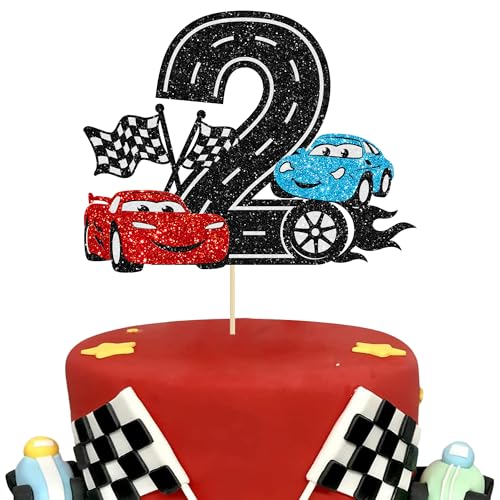 Ephlyn Race Car 2nd Birthday Cake Topper - Glitter Black Two Fast Decor