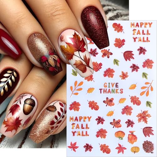5D Embossed Thanksgiving Turkey Nail Stickers - 6 Sheets Fall Autumn Leaf Pumpkin Nail Decals Self-Adhesive Art Designs