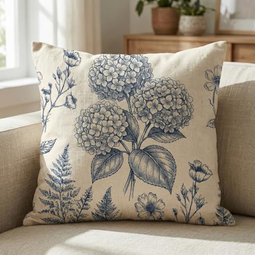 Vintage Blue Floral Throw Pillow Covers - Set of 2, 18x18 Inch