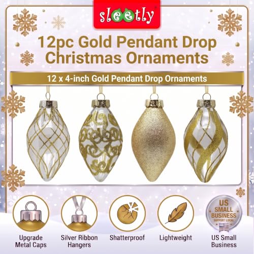 Champagne Gold Teardrop Christmas Ornaments Set - 4 Inch Finials, 12 Pieces