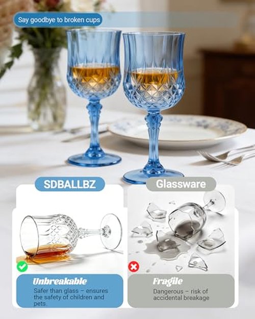 SDBALLBZ Plastic Wine Glasses Set, 7oz Vintage Goblets Shatterproof Unbreakable Reusable & Disposable, Drinking Glasses with Stem, for Wedding Outdoor Dinner Valentine's Day (48pcs, Blue)