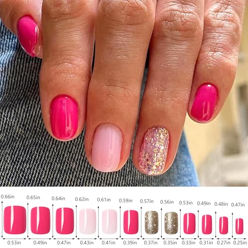 EternalClassic Short Square Press on Nails Kit - 96 Pcs Glossy Acrylic Fake Nails with Glitter Designs