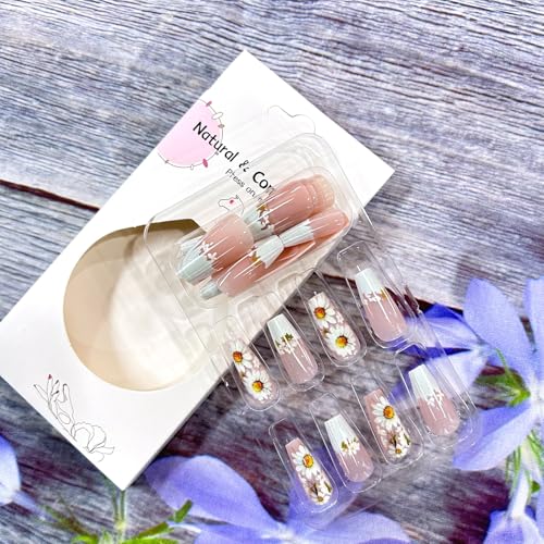 Daisy French Tip Long Ballet Press On Nails - 24 Pcs Floral Fake Nails