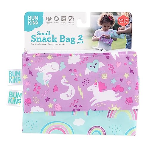 Bumkins Reusable Snack Bags - Small, Waterproof Fabric - Unicorns & Rainbows