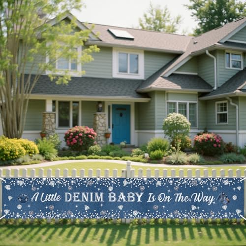 Cheereveal Denim & Diamond Baby Shower Yard Banner - Navy Blue & Silver