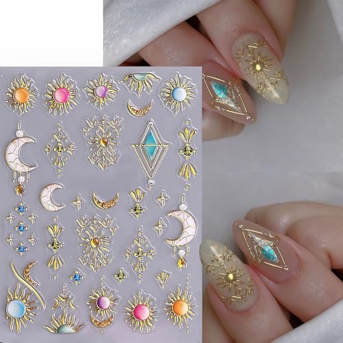 CnSybaris 5D Bohemian Nail Stickers - Metallic Gold Sun, Moon & Star Decals (2 Sheets)