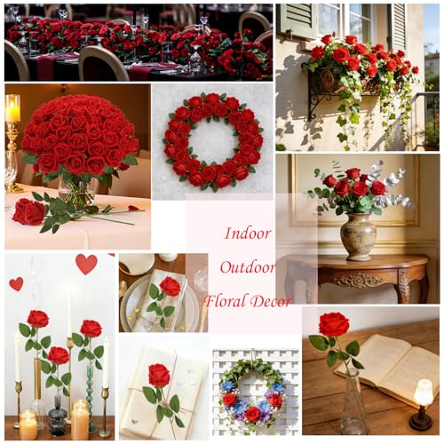 MERIXMAS Red Artificial Velvet Roses, 12-Piece Set with Adjustable Stems