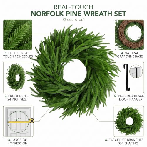 24 Inch Real Touch Norfolk Pine Wreath with Grape Vine Base and Hanger