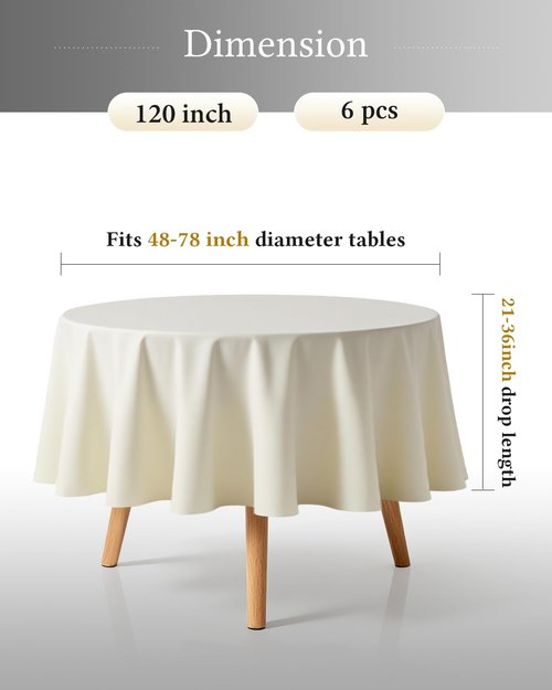 BESTVIP 6 Pack 120" Ivory Round Tablecloths | Fits 48"-78" Tables | Polyester Washable Fabric for Wedding, Party, Buffets,Banquet, Restaurant