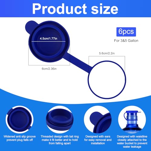 6PCS 3 and 5 Gallon Water Jug Cap, Silicone Replacement Gallon Caps for 55mm Standard Bottle and Water Dispensers- Non-Spill Lids for 3&5 Gallon Cover Jug water caps