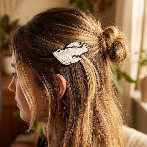 La Vivia Handmade Seed Bead Hair Barrette - White Bird Motif Clip