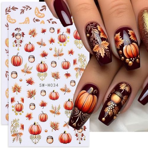 Fall Nail Stickers 3D Thanksgiving Pumpkin Autumn Leaves Decals 4 Sheets