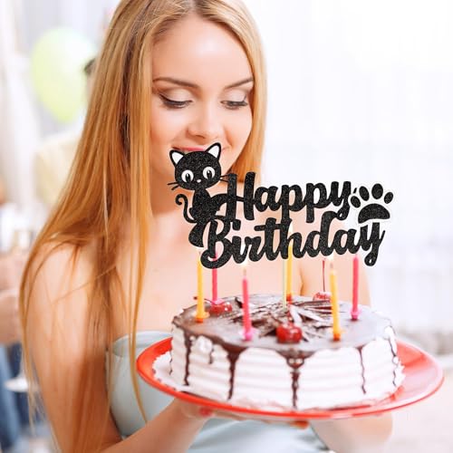 Black Glitter Cat Cake Topper Kitten Birthday Party Decoration