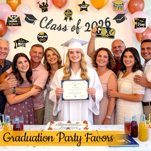 Class of 2026 Graduation Decorations Kit - Black & Gold Banner & Cutouts