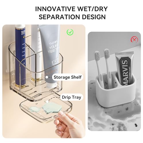 VNYIFAN Clear 3 Slots Toothbrush Holder with Detachable Dividers, Dry-Wet Separation