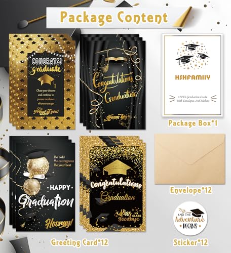 Graduation Cards Set with Envelopes - Black & Gold, 12 Designs