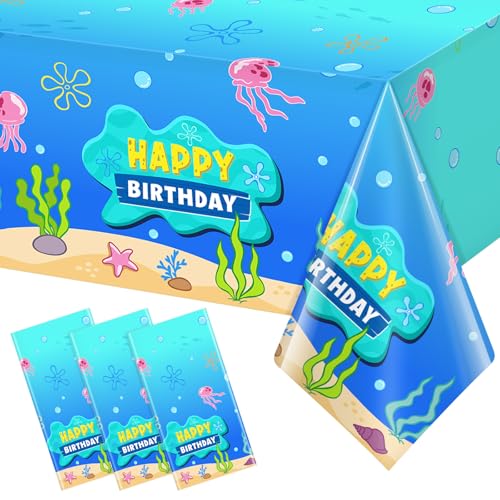 3 Pcs Blue Ocean Birthday Tablecloths - 108x54" Under The Sea Party Decor