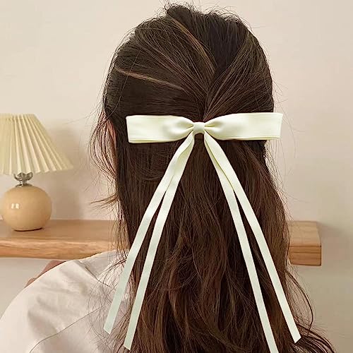 SALOCY 4 PCS Big Satin Hair Bow Clips with Long Tail Pink and Beige