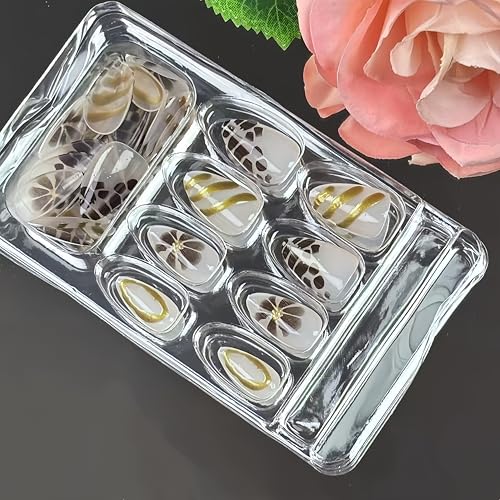Brown Flower Press on Nails Medium Almond Fake Nails with Gold Design