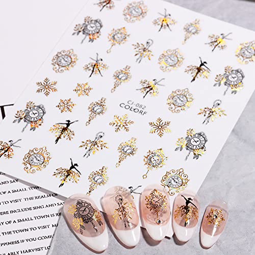 Vezocim Gold Christmas Nail Art Stickers - 9 Sheets Snowflake & Snowman Decals