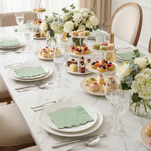 80 Sage Green Scalloped Cocktail Napkins | 2-Ply Disposable Paper Napkins for Parties