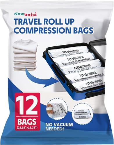 Newunisi 12-Piece Travel Vacuum Storage Bags, Roll-Up Compression Bags