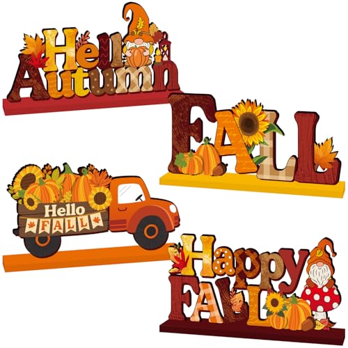 4Pcs Fall Table Decorations - Rustic Pumpkin & Gnome Centerpieces