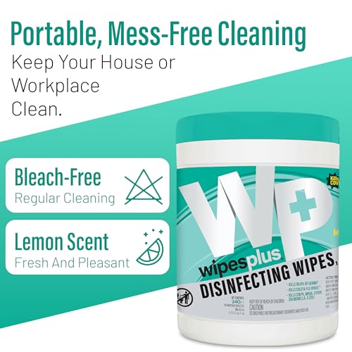 WIPESPLUS Disinfecting Surface Wipes Canister, 240 Count - Bleach-Free Lemon Scent