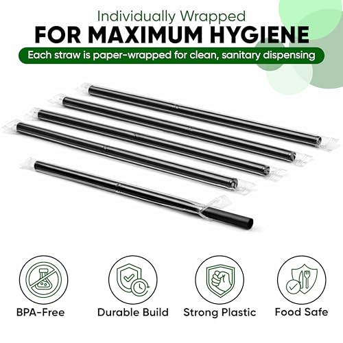 Individually Wrapped Black Drinking Straws - 7.75" Standard Size, Pack of 200