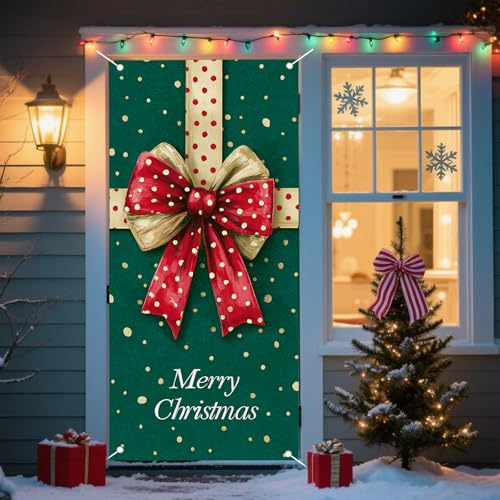 Christmas Bow Dots Door Banner - 35x71 Inches Polyester Decor