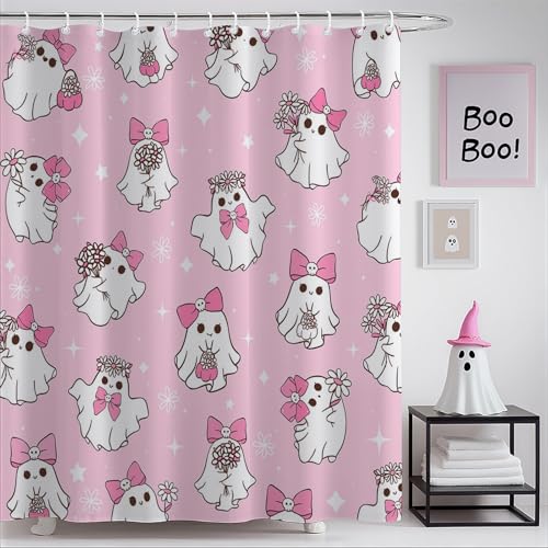 Mocsicka Halloween Pink Ghost Shower Curtain, 71x71 Inch Waterproof Fabric