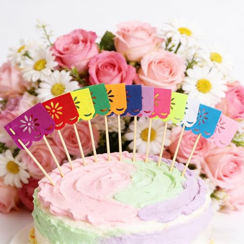 24 Pcs Mini Mexican Papel Picado Flags - Multi-Colored Cake Toppers