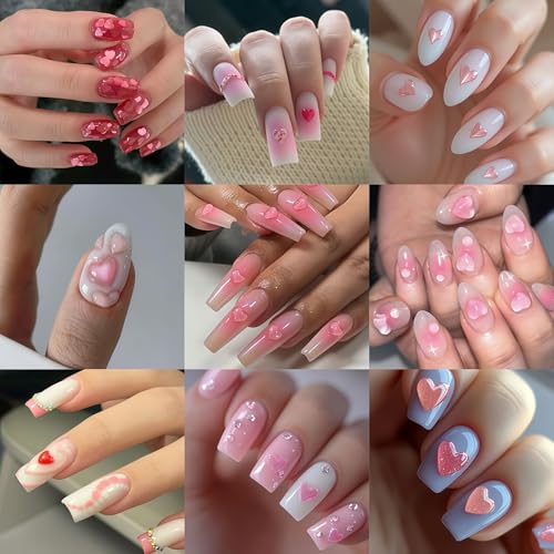 5D Embossed Heart Nail Stickers 4 Sheets Glitter Valentines Nail Art Decals