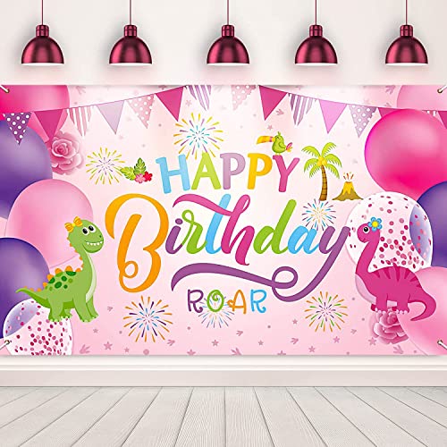 Dinosaur Birthday Backdrop Banner - Pink Photo Background for Girls