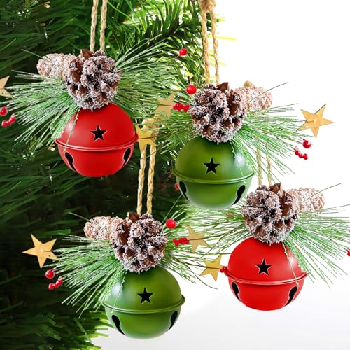 4 Pack Christmas Hanging Jingle Bells Ornaments - Red & Green Rustic Decorations with Frosted Pinecones & Berries