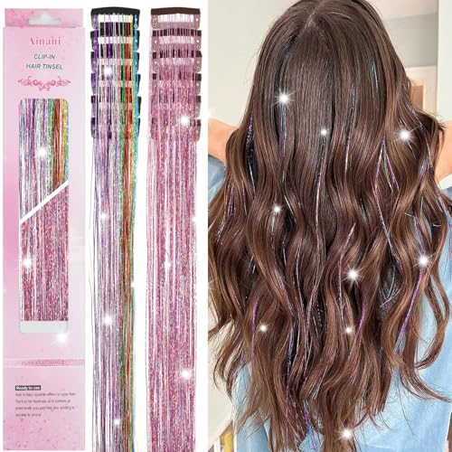 Ainani Clip In Hair Tinsel 12 Pcs 20 Inch Glitter Fairy Hair Extensions