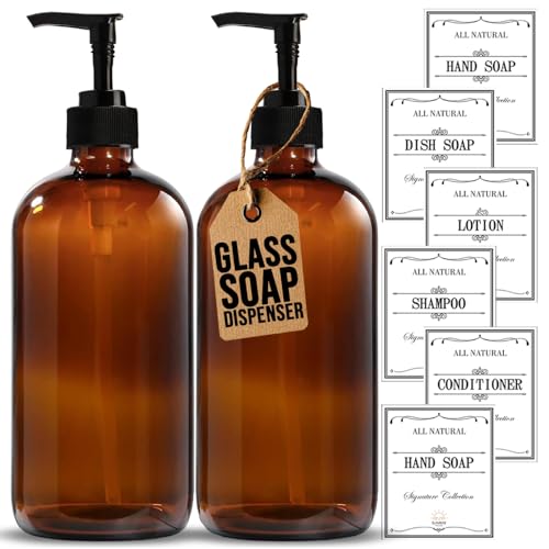 Sunrise Premium 16 oz Amber Glass Soap Dispenser Set with Black Plastic Pump