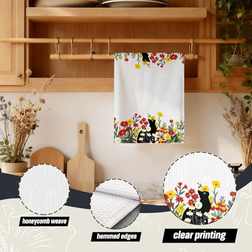 Floral Black Cat Dish Towels - 16x24 Inch Kitchen & Bathroom Decor