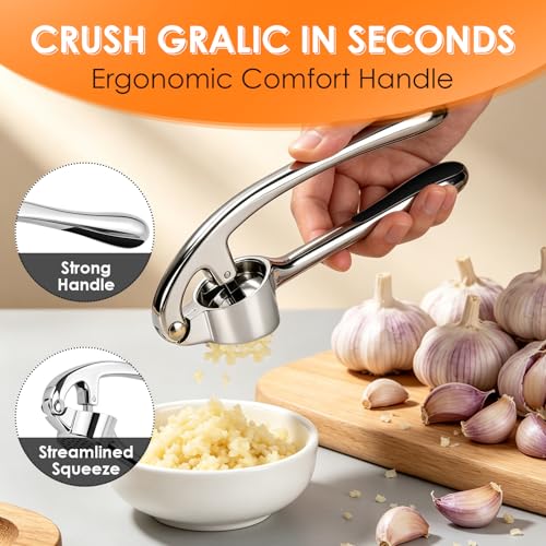 TACGEA Garlic Press Set with Peeler & Brush - Rust Proof, Heavy-Duty