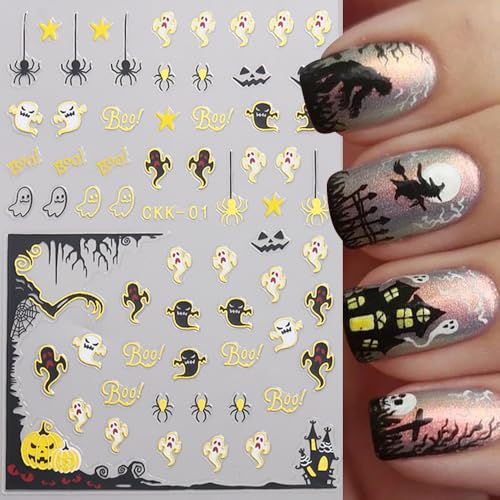 12 Sheets Halloween Nail Stickers 3D Self-Adhesive Decals Pumpkin Ghost