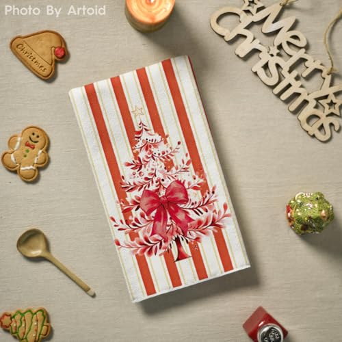 Christmas Kitchen Towels Set - Red Stripe Xmas Tree 18x26 Inches Farmhouse Decor